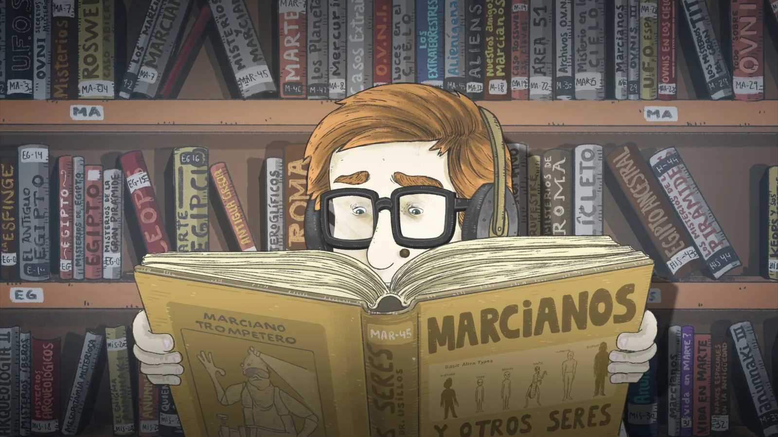 Animación de un niño con gafas y auriculares que lee un libro titulado «Marcianos» entre estanterías.