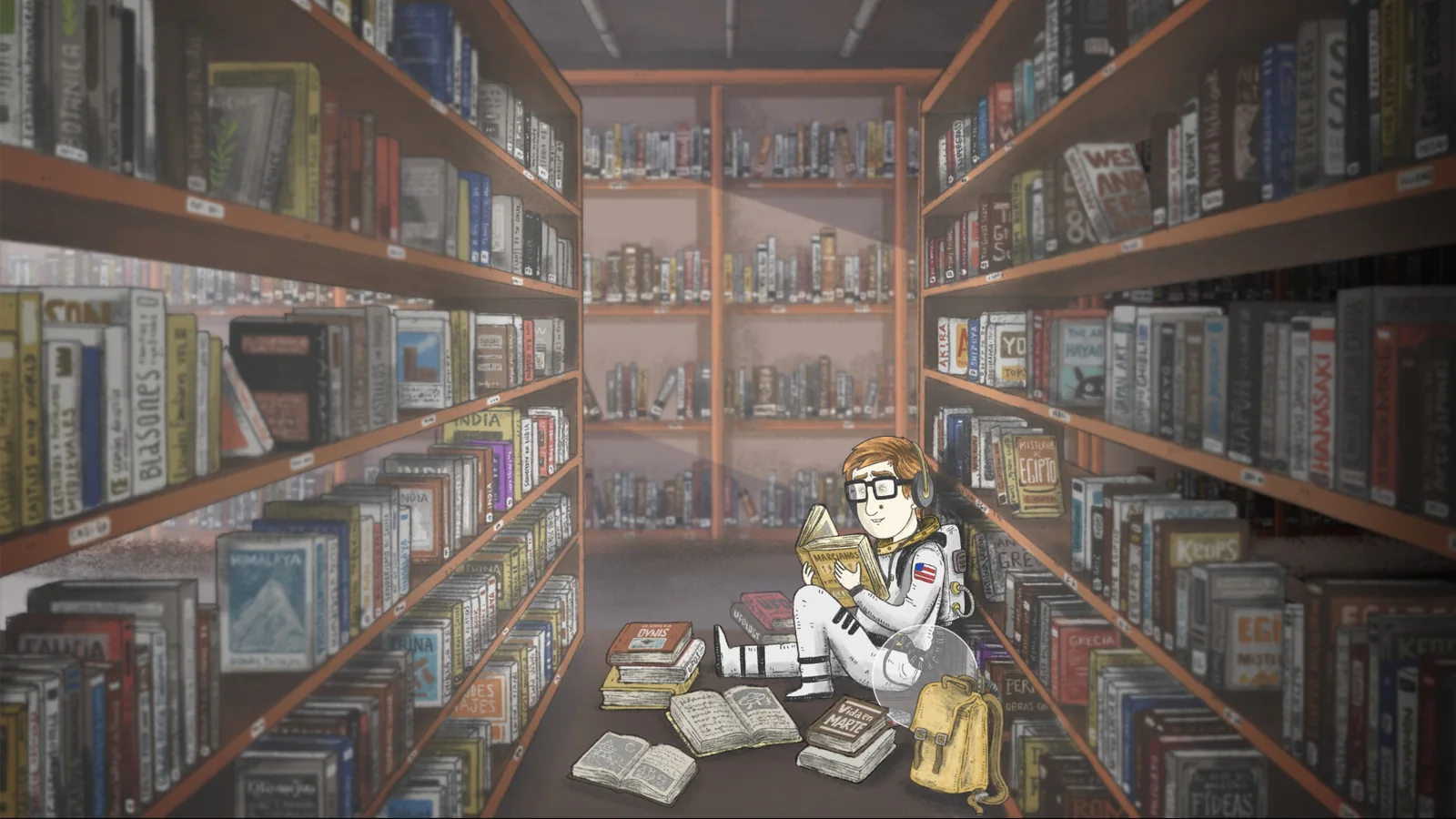 Animación de un niño con traje de astronauta sentado en el suelo de una biblioteca, leyendo entre estanterías.