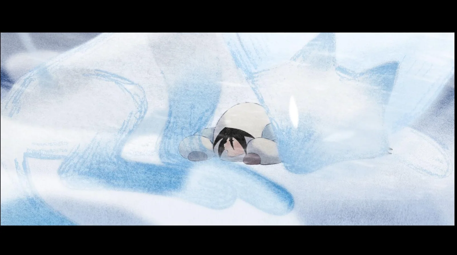 Animación de una figura pequeña acurrucada en la nieve, con tonos azules y el fondo muy desenfocado.