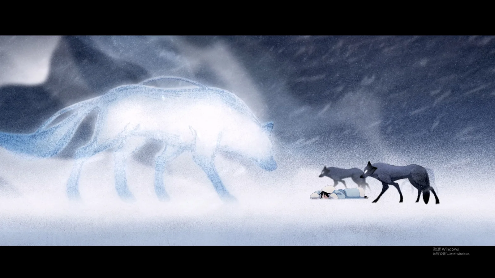 Animación de una ventisca con un gran lobo espectral y dos cánidos grises junto a una figura tendida en la nieve.