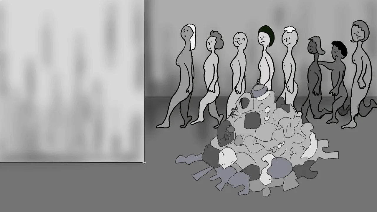 Fotograma de «Marcus y Leonard»: dibujo animado en grises: una fila de figuras ante un montón de cuerpos.