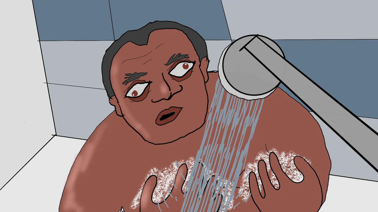 Fotograma de «Nos viene la IA ¡Ay!»: dibujo animado: una persona bajo el chorro de la ducha.