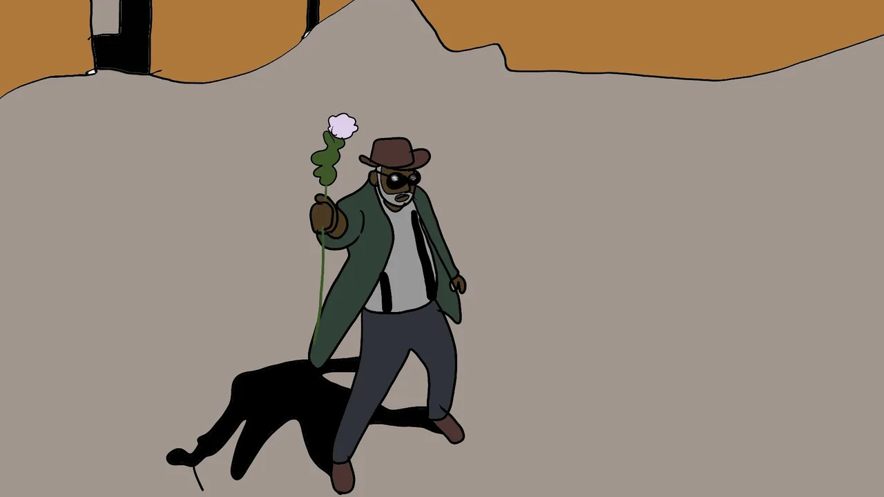 Fotograma de «Westernmaquia»: dibujo animado: un pistolero de sombrero y poncho verde en una calle del Oeste, con un perro negro a sus pies.